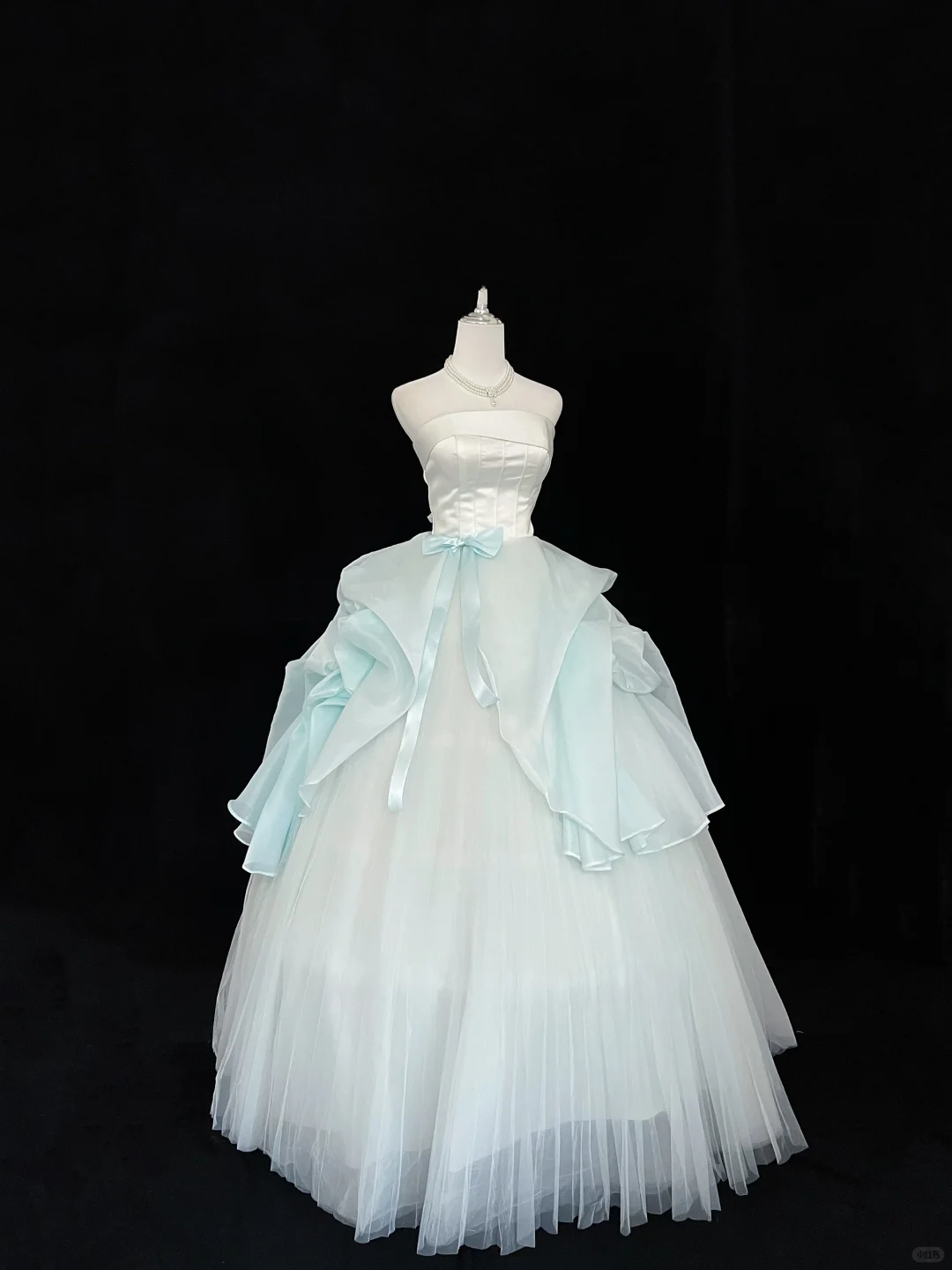 White Satin Strapless Cinched Waist Light Blue Voluminous Princess Skirt Long Romantic Dress, Wedding Gown gh7927