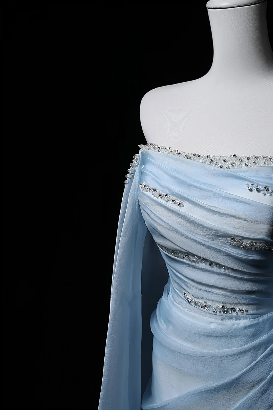 Light Blue Off-Shoulder Waist-Cinched Fitted Elegant Long Evening Dress, Fairy Gown, Romantic Gown gh7475