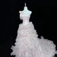 Blush Pink One-Shoulder Strap Cinched Waist Tiered Skirt Long Romantic Dress, Wedding Gown gh7967