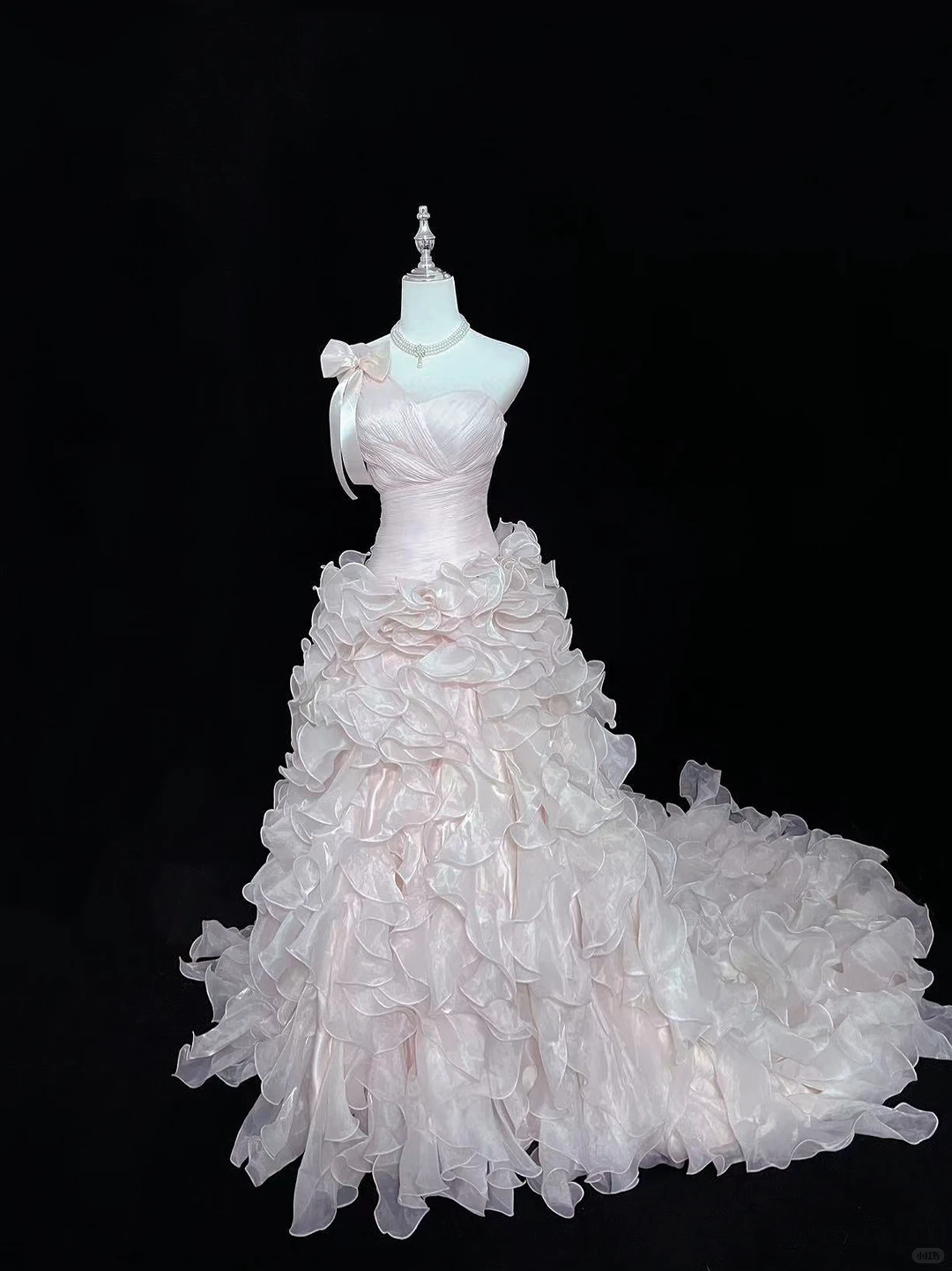 Blush Pink One-Shoulder Strap Cinched Waist Tiered Skirt Long Romantic Dress, Wedding Gown gh7967
