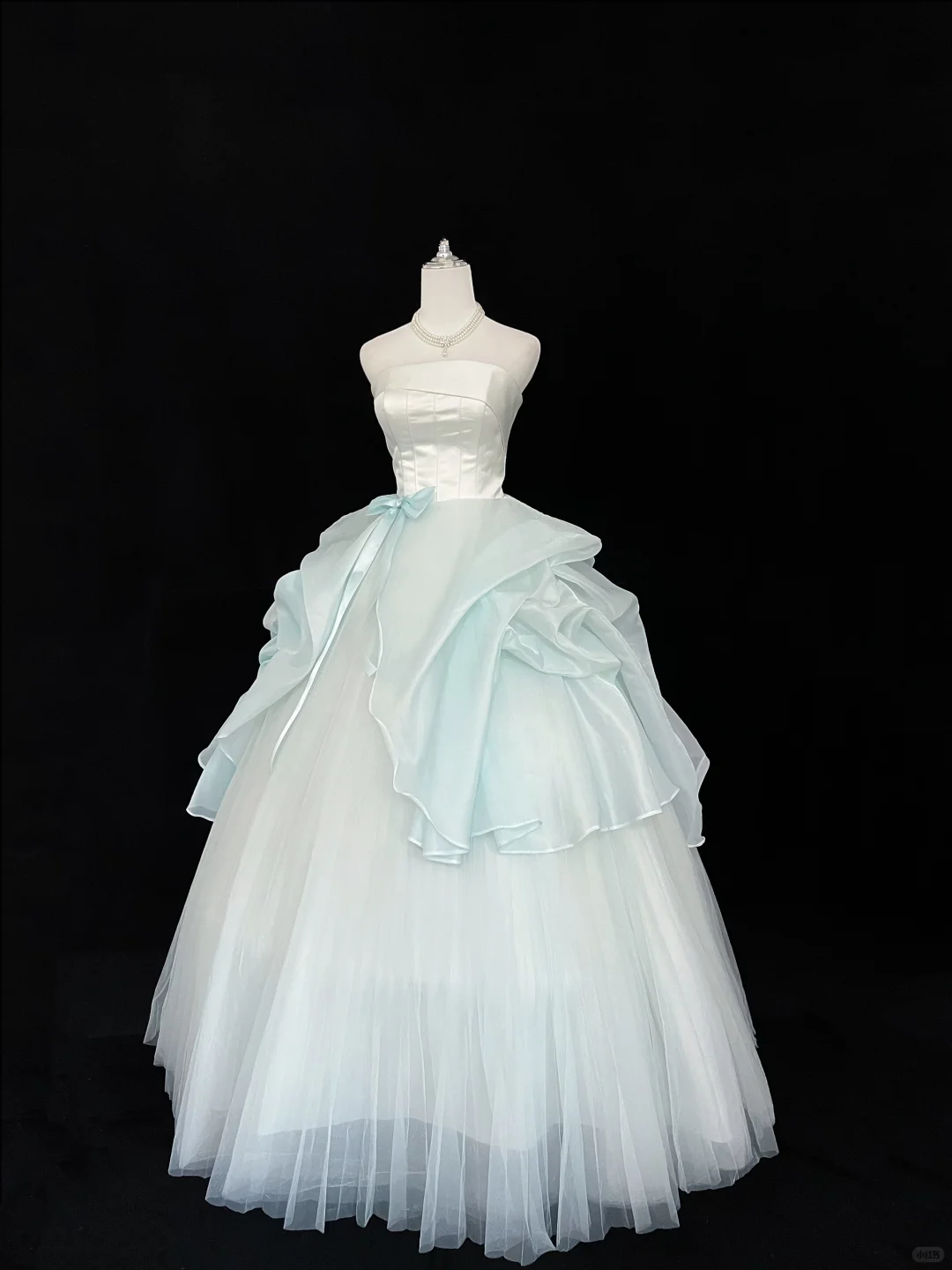 White Satin Strapless Cinched Waist Light Blue Voluminous Princess Skirt Long Romantic Dress, Wedding Gown gh7927