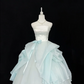 White Satin Strapless Cinched Waist Light Blue Voluminous Princess Skirt Long Romantic Dress, Wedding Gown gh7927