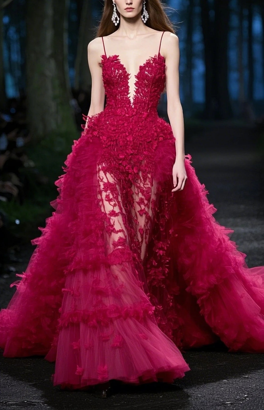Rosa Blumen V-Ausschnitt Langes Tüll Ballkleid Abendkleid gh4782