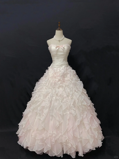 Blush pink strapless lovely long romantic gown with cinched waist and fluffy tiered cake skirt, wedding dress & bridal gown gh8232