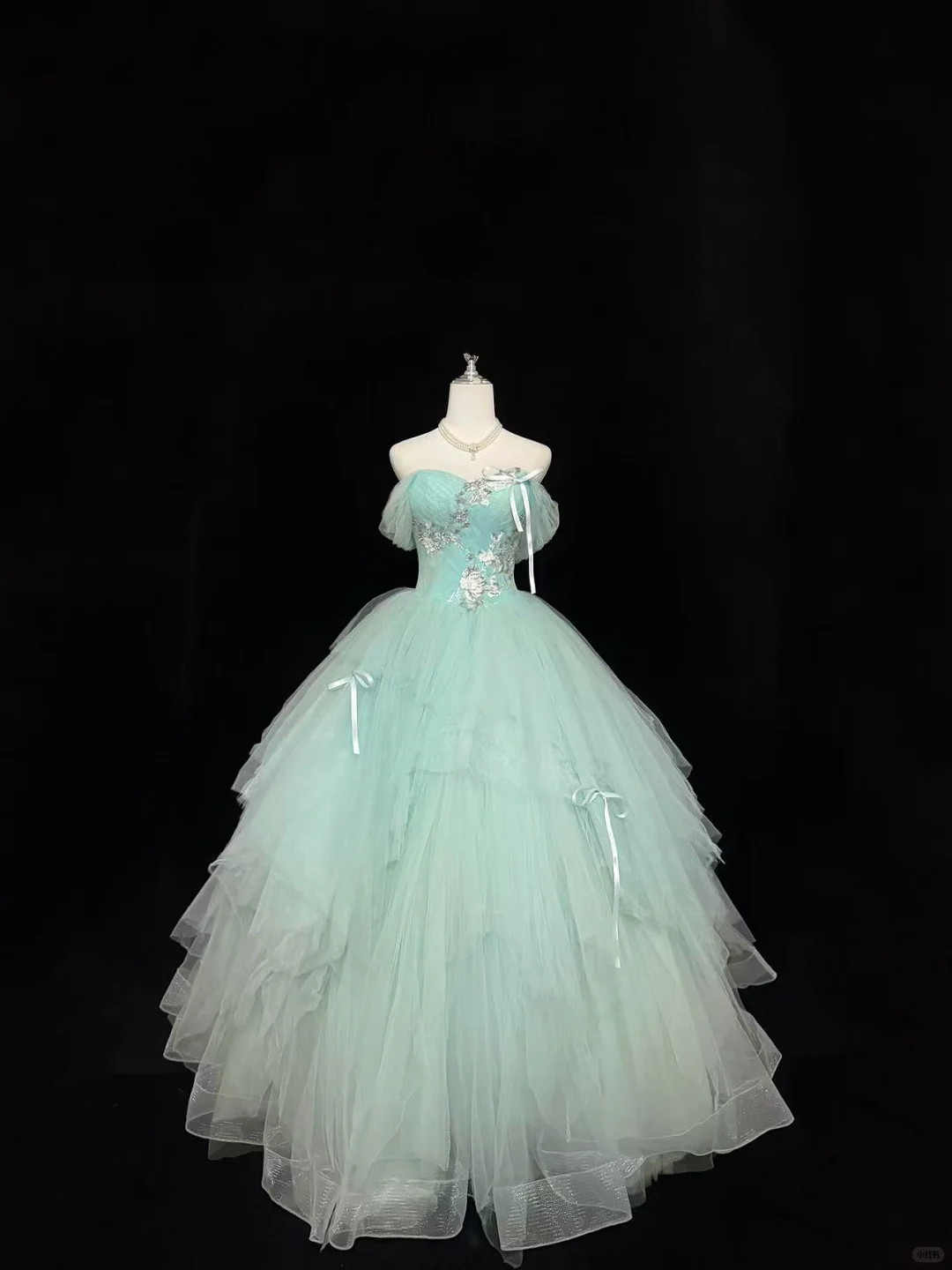 Light Lake Blue Off-the-Shoulder Cinched Waist Voluminous Skirt Long Romantic Dress, Wedding Gown gh7843