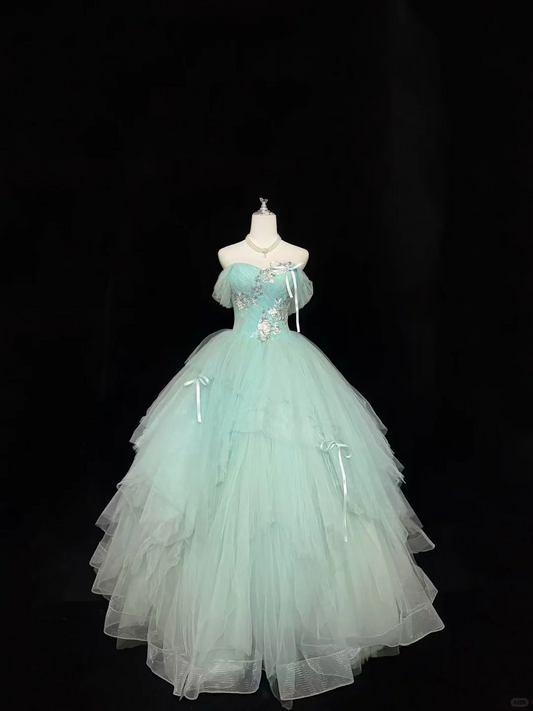 Light Lake Blue Off-the-Shoulder Cinched Waist Voluminous Skirt Long Romantic Dress, Wedding Gown gh7843