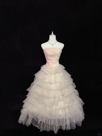 Blush Pink Strapless With Fresh Florals Cinched Waist Voluminous Tiered Skirt Romantic Dress, Wedding Gown gh8013