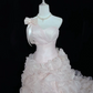Blush Pink One-Shoulder Strap Cinched Waist Tiered Skirt Long Romantic Dress, Wedding Gown gh7967