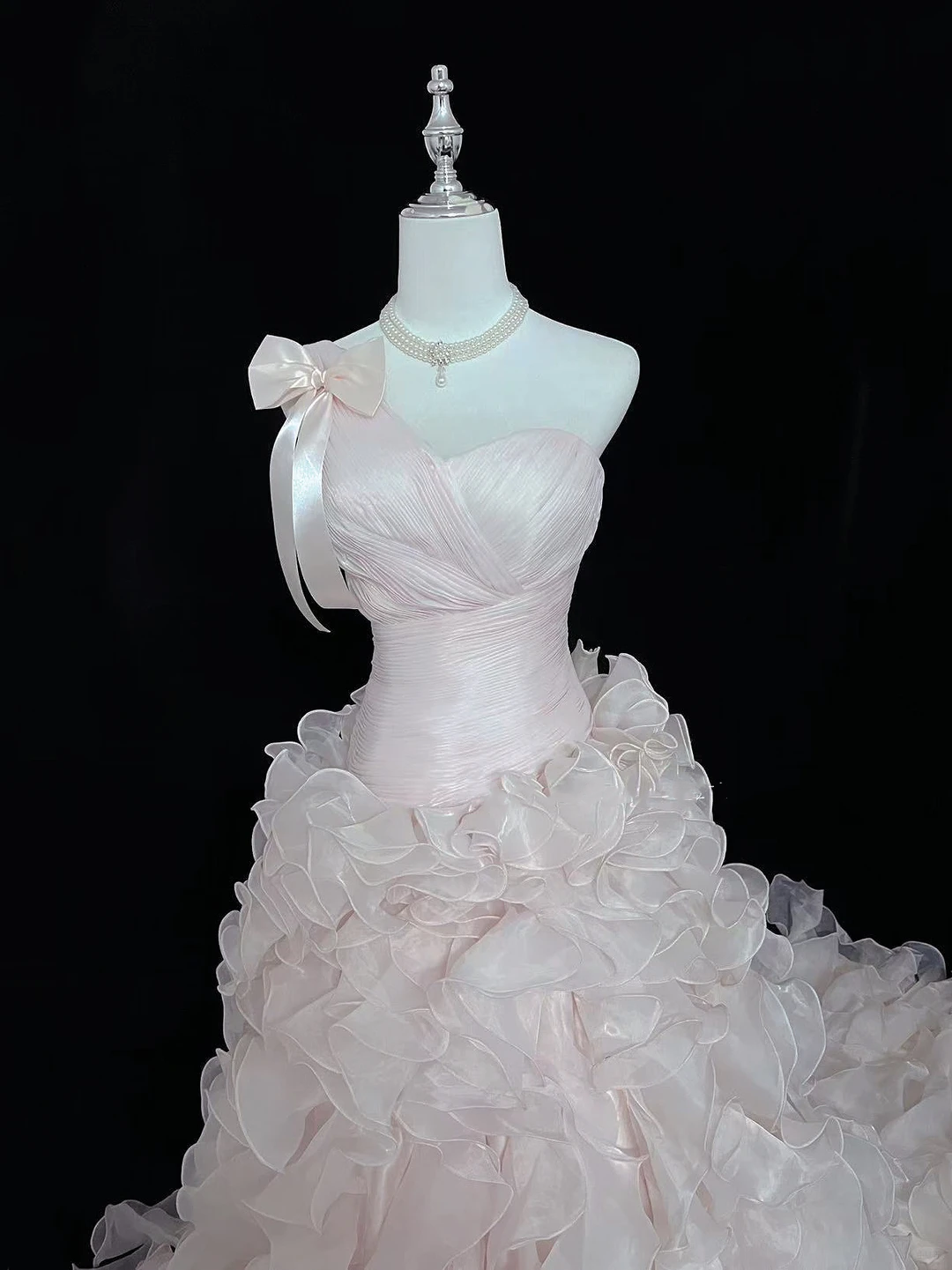 Blush Pink One-Shoulder Strap Cinched Waist Tiered Skirt Long Romantic Dress, Wedding Gown gh7967