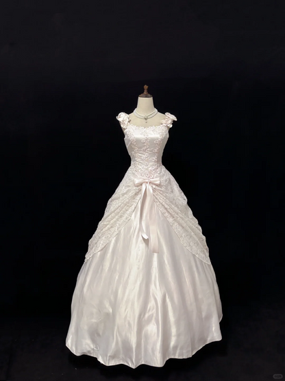Blush Pink Spaghetti Strap Gown with Bow Detail, Cinched Waist, Embroidered Voluminous Vintage Skirt, Romantic Dress, Wedding Gown gh8102
