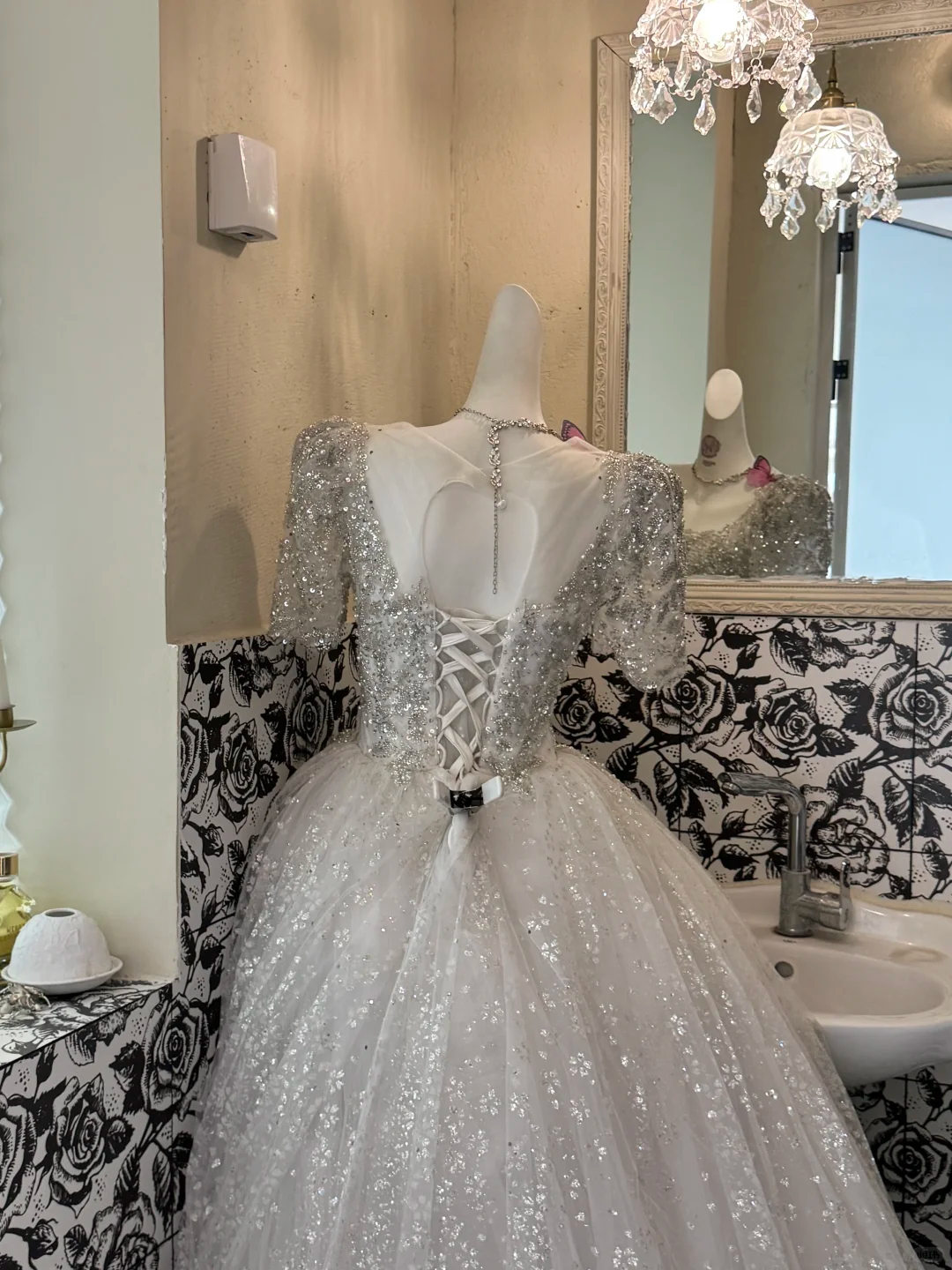 Ivory Wedding Dress with Silver Sequin Decorations, Fairy Princess Full Skirt Romantic Gown, Bridal Gown gh7525