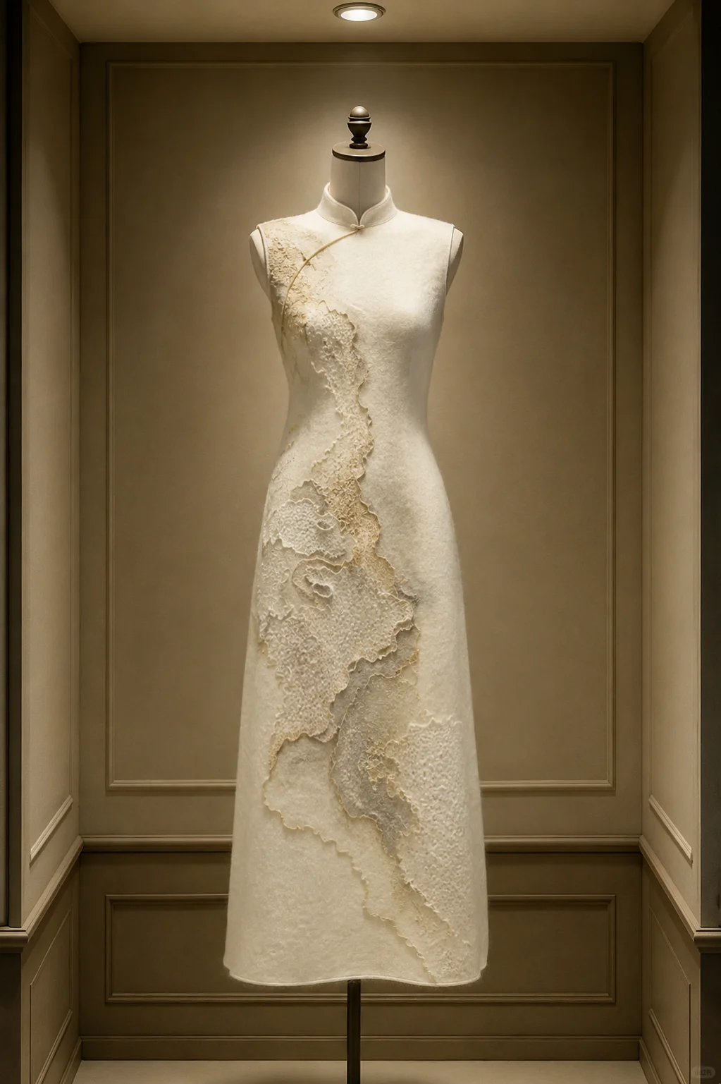 ✨Girlhomeshops-Cream White Landscape Layered Applique Sleeveless Midi Qipao Cheongsam gh10411