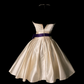 Champagne Vintage Short Prom Dress, Strapless Sweetheart Neck, Bust Pleated Detail, High Waist, Purple Sash With Big Bow, Satin Full Swing Skirt, 50s Retro Cocktail Gown gh8889