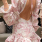 Girlhomeshops-Rosa Blumenmuster, lange Ärmel, modisch, süß, kurz, Chiffon, rückenfrei, Heimkehrkleid, Geburtstagskleid, gh5272