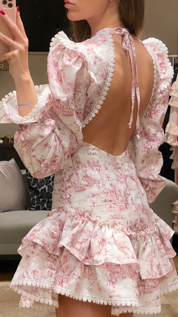 Girlhomeshops-Rosa Blumenmuster, lange Ärmel, modisch, süß, kurz, Chiffon, rückenfrei, Heimkehrkleid, Geburtstagskleid, gh5272