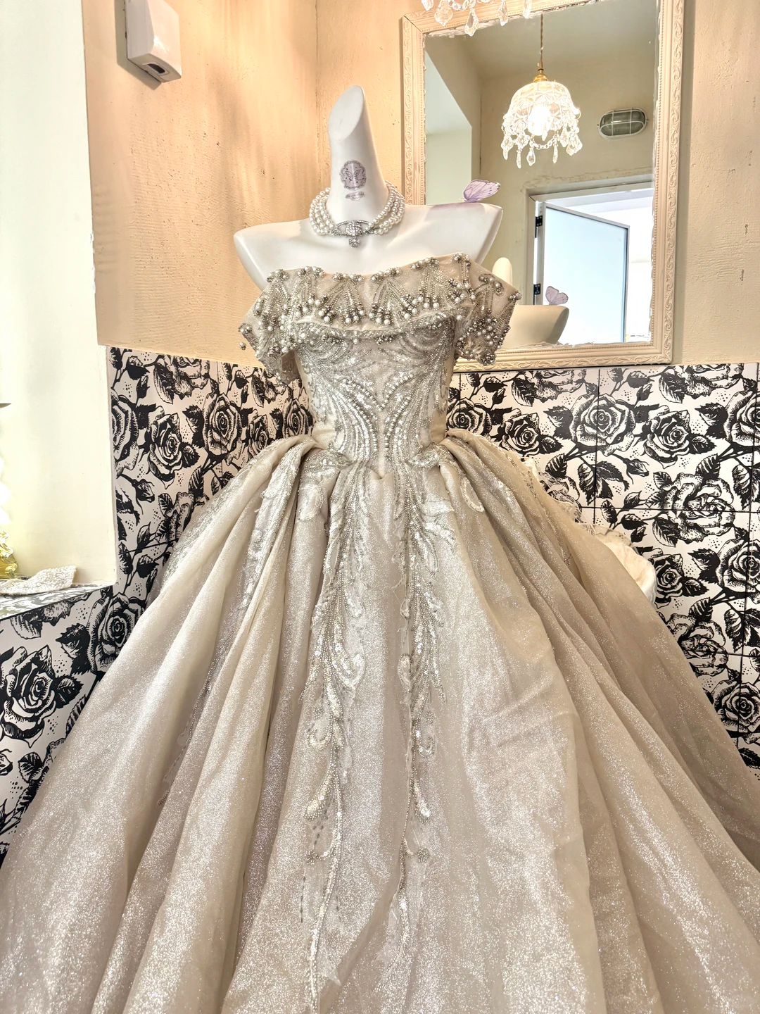 Champagne Off-the-Shoulder Waist-Cinched Gown with Silver Decorations, Voluminous Skirt Long Romantic Dress, Wedding Gown gh7760
