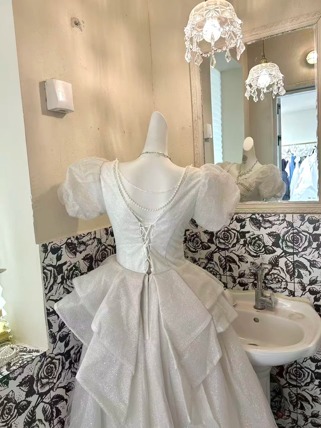 Ivory Puff Sleeve Waist-Cinched Voluminous Skirt Long Romantic Dress, Wedding Gown gh7698