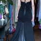 Black Vintage Mermaid Prom Dress Halter Deep V Ruched Front Satin Trim Long Evening Gown gh9604