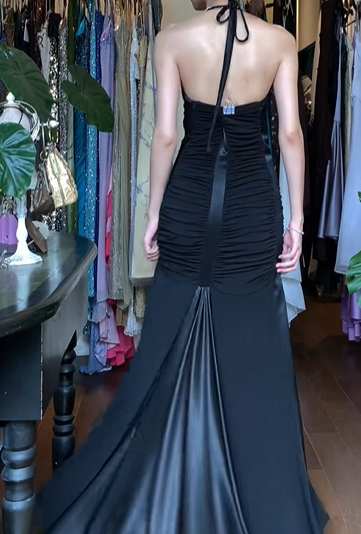 Black Vintage Mermaid Prom Dress Halter Deep V Ruched Front Satin Trim Long Evening Gown gh9604