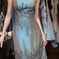 Dusty Blue Satin Strapless Tube Evening Gown Hand Beaded Rhinestone Mermaid Long Prom Dress gh9724