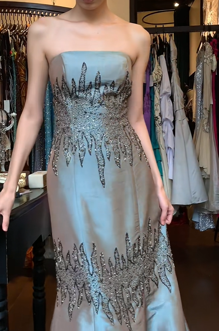 Dusty Blue Satin Strapless Tube Evening Gown Hand Beaded Rhinestone Mermaid Long Prom Dress gh9724