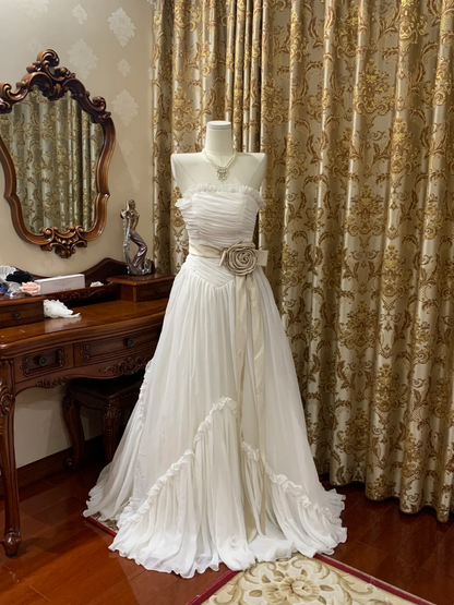 White Strapless Waist-Cinched Elegant Prom Dress, Graduation Prom Gown, Wedding Dress gh7249