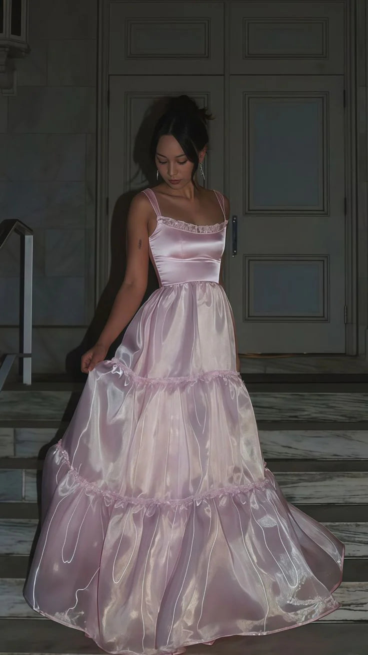 Rosa Mode Elegante Glänzende A-linie Spaghetti Strap Lange satin Spitze Ballkleid, Abendkleid, Party Kleid gh3517