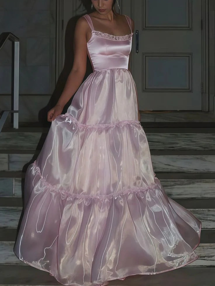 Rosa Mode Elegante Glänzende A-linie Spaghetti Strap Lange satin Spitze Ballkleid, Abendkleid, Party Kleid gh3517