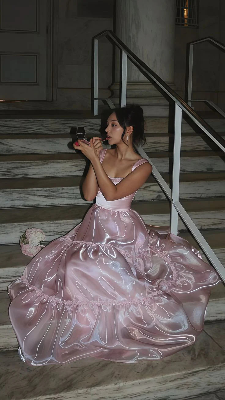 Rosa Mode Elegante Glänzende A-linie Spaghetti Strap Lange satin Spitze Ballkleid, Abendkleid, Party Kleid gh3517