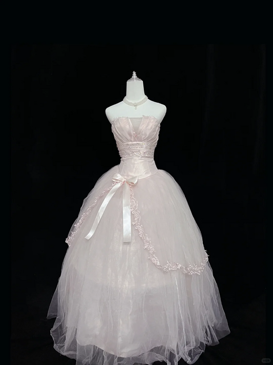 Blush Pink Strapless Cinched Waist Voluminous Princess Skirt Long Romantic Dress, Wedding Gown gh8064