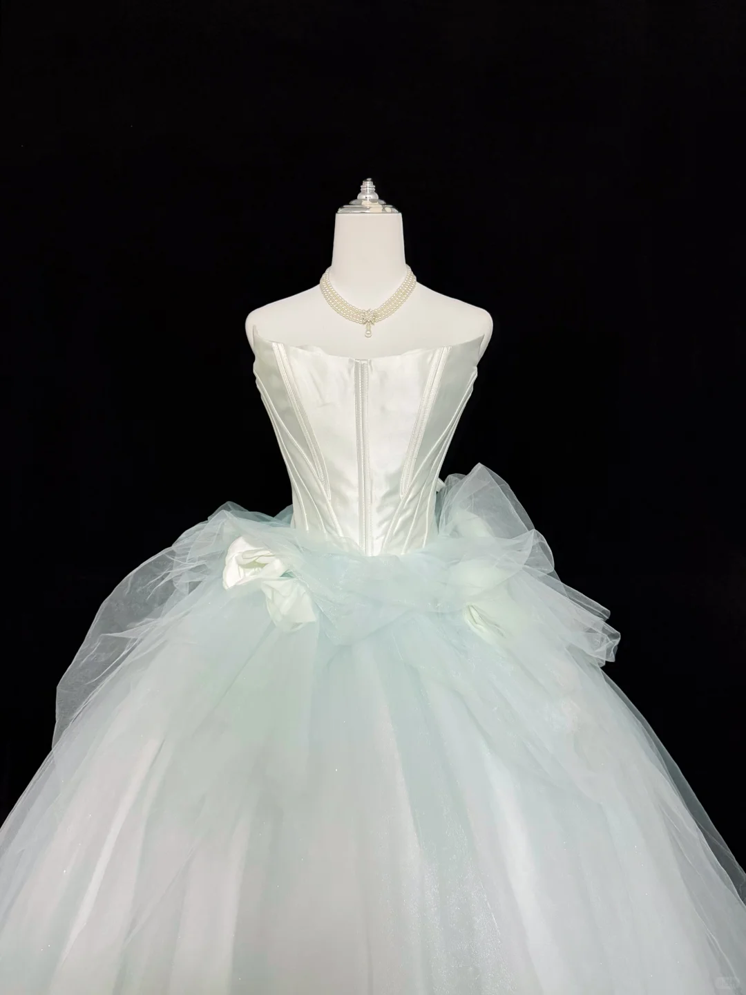 White Satin Strapless Cinched Waist Gradient Light Green Voluminous Skirt Romantic Dress, Wedding Gown gh7928