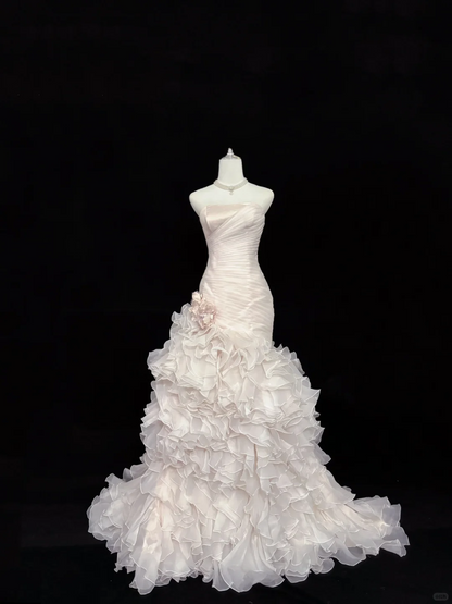 Blush Pink Strapless, Cinched Waist, Slim Fit Hip Hugging Sexy Tiered Skirt Romantic Dress, Wedding Gown gh8014