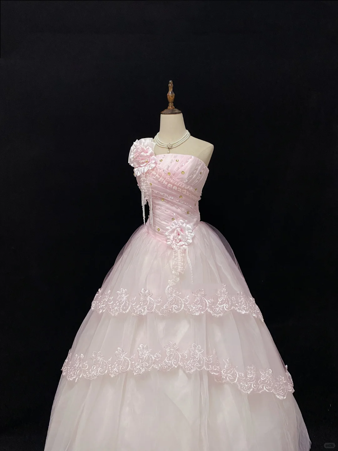 Blush Pink Strapless Romantic Gown With Rhinestones, Cinched Waist, Voluminous Skirt With Lace Trim, Wedding Gown gh8103