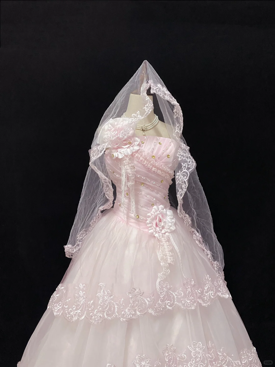 Blush Pink Strapless Romantic Gown With Rhinestones, Cinched Waist, Voluminous Skirt With Lace Trim, Wedding Gown gh8103