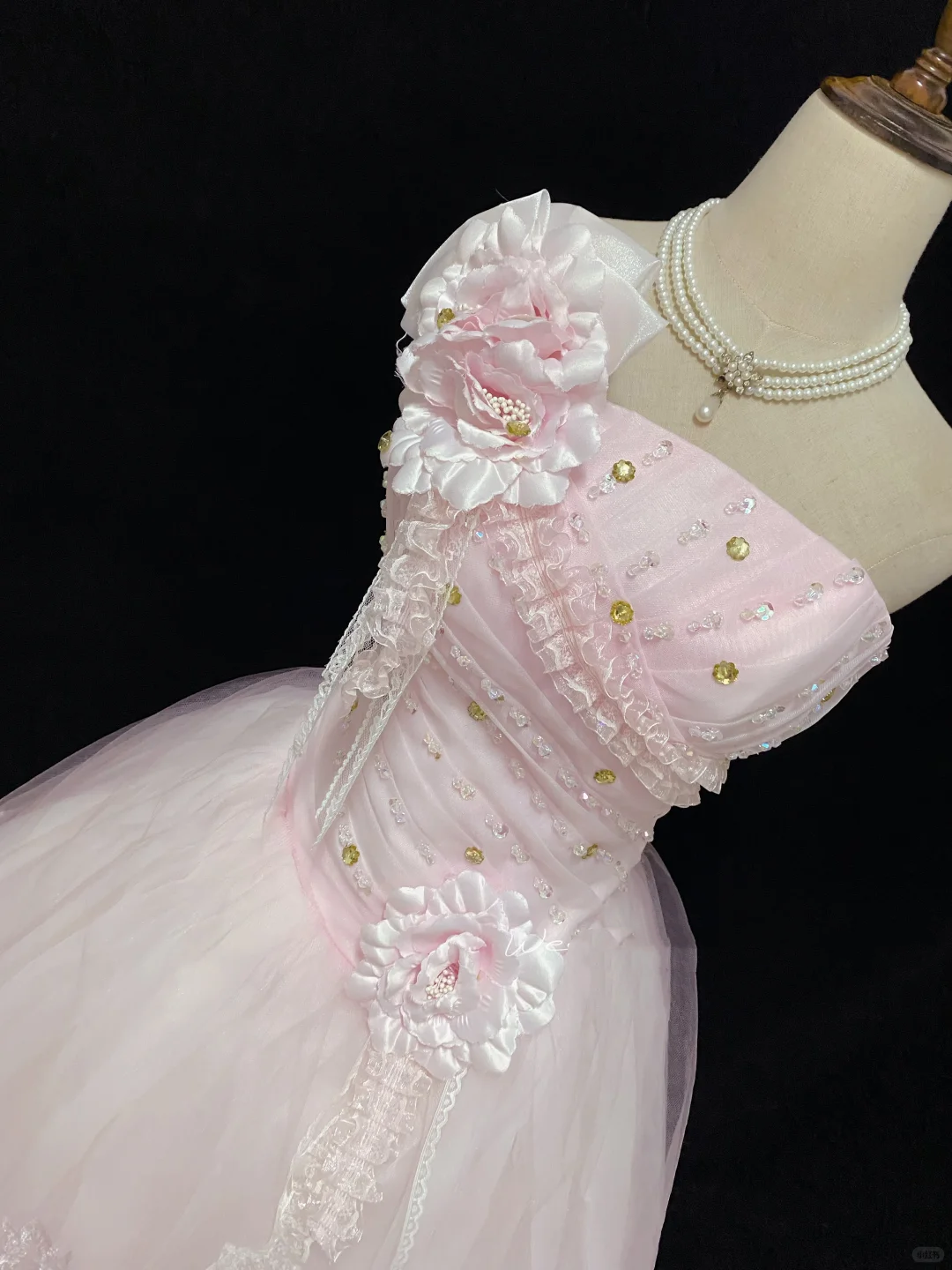 Blush Pink Strapless Romantic Gown With Rhinestones, Cinched Waist, Voluminous Skirt With Lace Trim, Wedding Gown gh8103