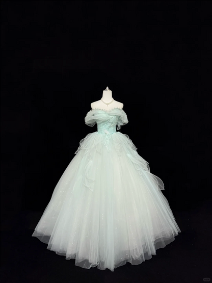 Light Blue Off-the-Shoulder Cinched Waist Voluminous Princess Skirt Long Romantic Dress, Wedding Gown gh7844