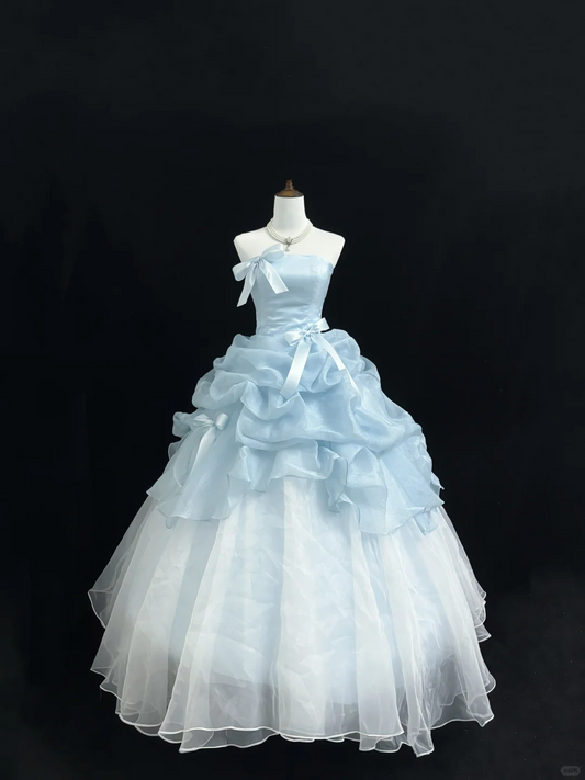 Light Blue Strapless Cinched Waist Voluminous Skirt Romantic Dress, Wedding Gown gh7880