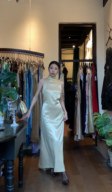 Light Gold Halter Long Formal Gown Beaded High Neck Satin Maxi Evening Dress gh9640