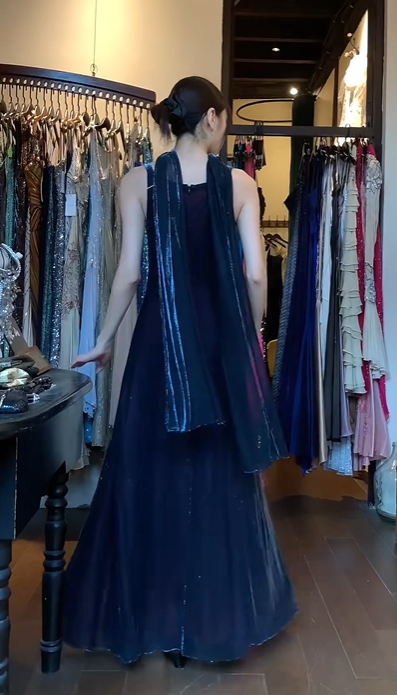 Spaghetti Straps Square Neck Navy Blue Evening Gown Choker Neck Sparkly Mesh A-Line Long Prom Dress gh9697