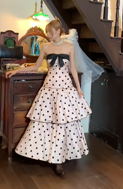 Strapless Pink Polka Dot Prom Dress Big Black Bow Satin Tiered Cake Skirt Vintage Evening Gown gh9830