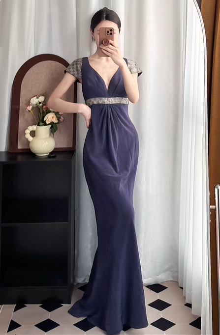 Navy‑Blue‑Vintage‑Gown Deep‑V‑Neck Sequin‑Cap‑Sleeves Silver‑Grey‑Beaded‑Waist‑Sash Gathered‑Draped‑Bust Matte‑Crinkled‑Fabric Fitted‑Mermaid‑Floor‑Length‑Evening‑Prom‑Dress gh8835