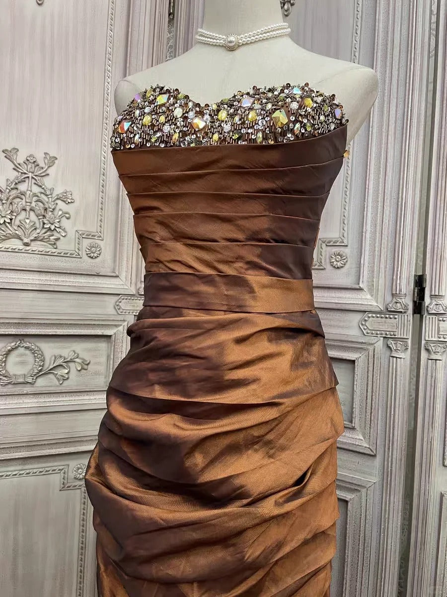 ✨Girlhomeshops-Brown rhinestone short satin homecoming dress prom party dress gh4985