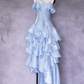 Off Shoulder Spaghetti Straps Satin Evening Dress with Lace Hem, Waist-Cinched Slim Fit, Fairy Gown, Romantic Gown gh7435