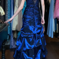 Navy Blue Vintage Prom Dress Strapless Hand Beaded Ruched Layered Ruffle Satin Long Evening Gown gh9625