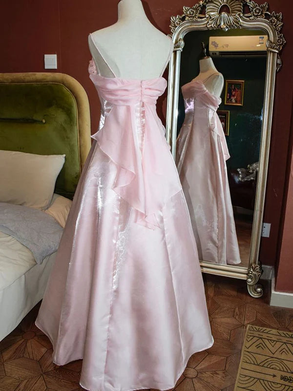 Robe de soirée longue en satin à bretelles spaghetti rose en tulle gh3259