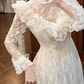 Cream Vintage All‑Lace Wedding Gown, Sheer High Neck With Ruffle Yoke, Long Lace Sleeves With Ruffle Cuffs, Pointed Waist, Multi‑Tiered Ruffle Lace Tiered Skirt, Prom Dress gh8638