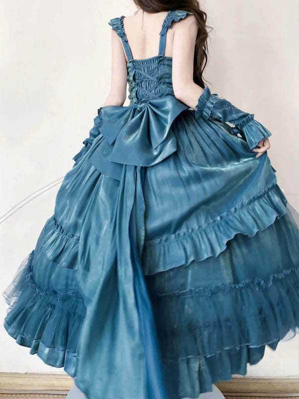 Hellblau/Lila/Dunkelblau Geheimnisvolle Vintage-Mode Elegante Lange Satin Bodenlangen Ballkleid Abendkleid Partykleid gh4250