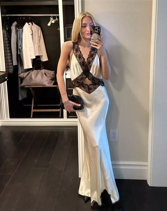 Robe de soirée longue en satin blanc/noir, simple et ajustée, en dentelle, gh3085