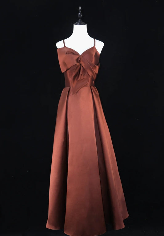 Robe de soirée longue en satin bleu/marron/rouge à bretelles spaghetti, élégante, gh4539