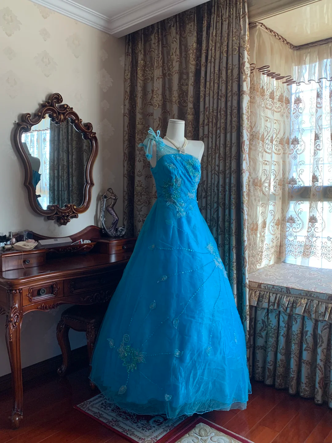 Blue One-Shoulder Waist-Cinched Vintage Voluminous Skirt Prom Dress, Princess Ball Gown gh7279